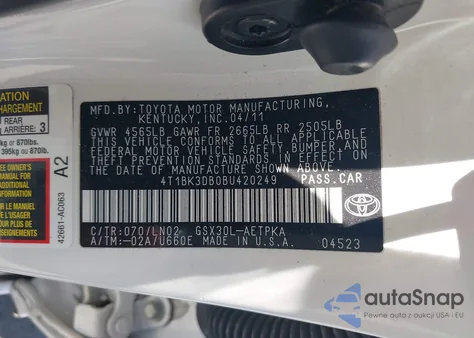 2011 Toyota Avalon Limited from USA, damaged, VIN 4T1BK3DB0BU420249